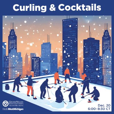 Illustrated winter scene of people playing curling on a rooftop in Chicago